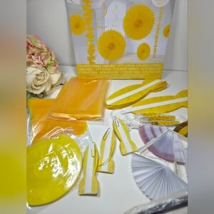 Yellow Party Decoration Set of Tissue Fans, Yellow Plastic Swirls Fringe Garland